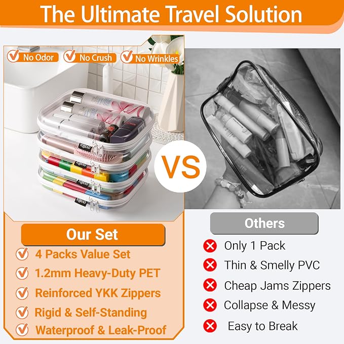 YQBRAO Clear Hard Shell Zipper Cases, 4 Medium Makeup Organizers, White