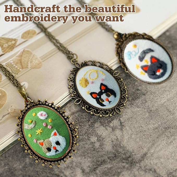 ZOCONE New 4 Packs Embroidery Necklace Kits, Embroidery Pendant Kit Mini Cross Stitch Kit with Hoop, Necklace, Pendant, Stamped Pattern Cloth, Instructions, etc., Embroidery Kits for Adults