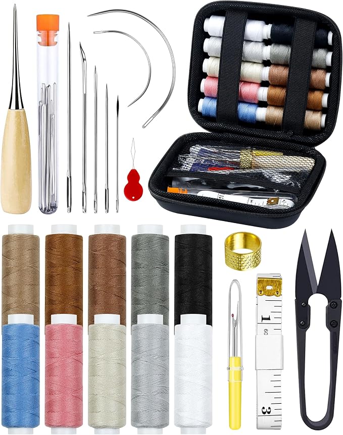 Upholstery Repair Sewing Kit, Heavy Duty Sewing Kit with Sewing Awl, 47PCS | Sewing Kit, Large-Eye Needles, Sewing Awl, Seam Ripper, Sewing Thread, Upholstery Repair, Leather Craft,DIY Crafts, Travel