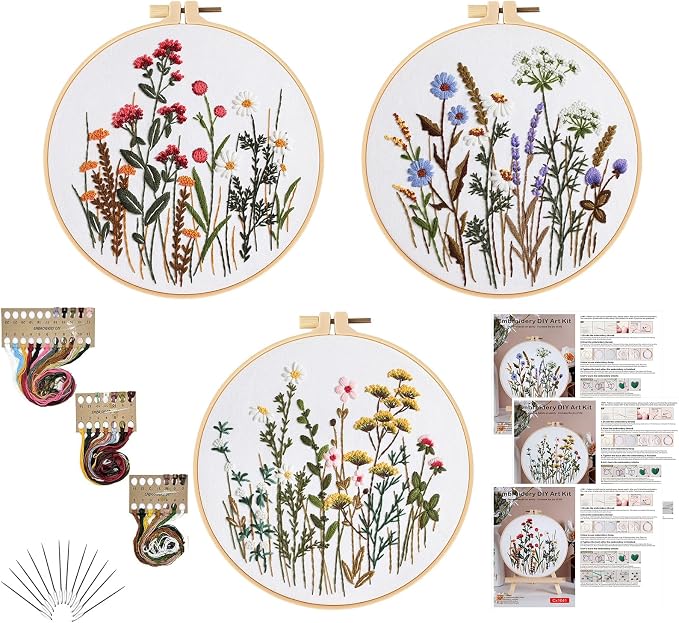 GLTAYLMY Flower Embroidery Kit for Beginners with Pattern and Instructions,3 Pack Cross Stitch Kits,1 Plastic Embroidery Hoops,Threads and Needles,Needlepoint Kit for Adults