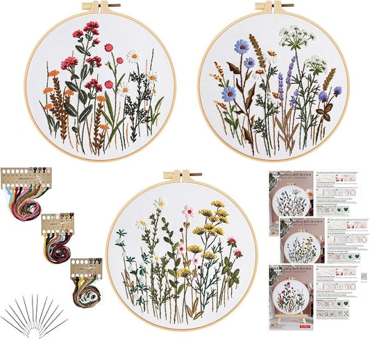GLTAYLMY Flower Embroidery Kit for Beginners with Pattern and Instructions,3 Pack Cross Stitch Kits,1 Plastic Embroidery Hoops,Threads and Needles,Needlepoint Kit for Adults