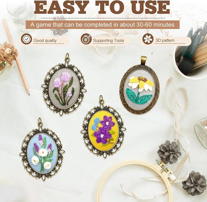 ZOCONE New 4 Packs Embroidery Necklace Kits, Embroidery Pendant Kit Mini Cross Stitch Kit with Hoop, Necklace, Pendant, Stamped Pattern Cloth, Instructions, etc., Embroidery Kits for Adults