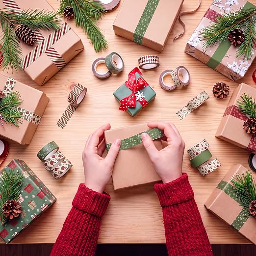12 Rolls Vintage Washi Tape Set,Red and Green,Christmas | Vinatge Striped Santa Gifts Design for Xmas Scrapbook Journal DIY Craft Supplies, 15 mm Vintage Decorative Masking Washi Tape