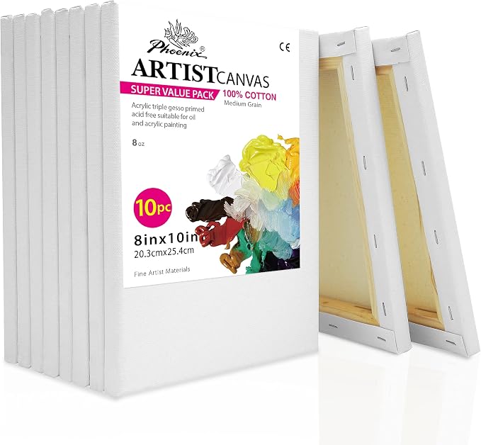 PHOENIX Stretched Canvas for Painting 8x10 Inch/10 Value Pack, 8 Oz Triple Primed 5/8 Inch Profile 100% Cotton White Blank Canvas, Artist Framed Canvas for Oil Acrylic & Pouring Art