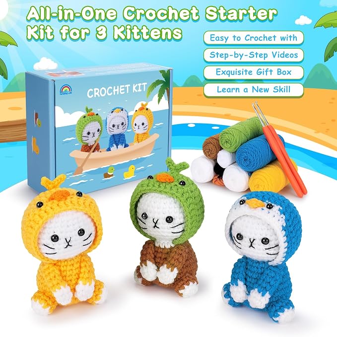 Crochet Kit for Beginners, 3 Pack Duck Cat Crochet Kits with Step-by-Step Video Tutorials, Beginner Crochet Kit for Adults, Crochet Animal Kit for Starters, DIY Craft Gift for Cat Lover