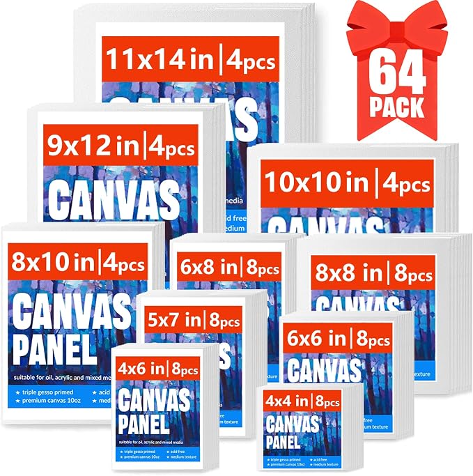 Canvas for Painting, 64 Pack Multi-Size Painting Canvas Board Art Supplies | 4x4 4x6 5x7 6x6 6x8 8x8 8x10 10x10 9x12 11x14 Canvases, Primed Acid-Free 100% Cotton for Acrylic, Oil, Watercolor