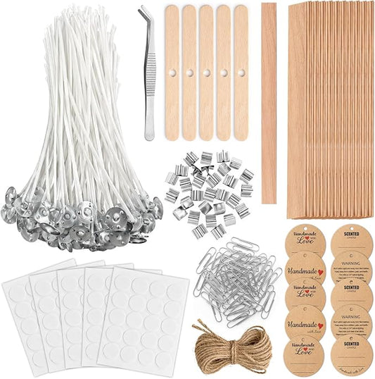 Candle Wicks for Candle Making Kit Supplies, 130 Pcs with 100 Cotton & 30 Crackling Wood Wicks for Soy Beeswax Candles, Holders & Stickers, Handmade Gifts Set (6 inch)