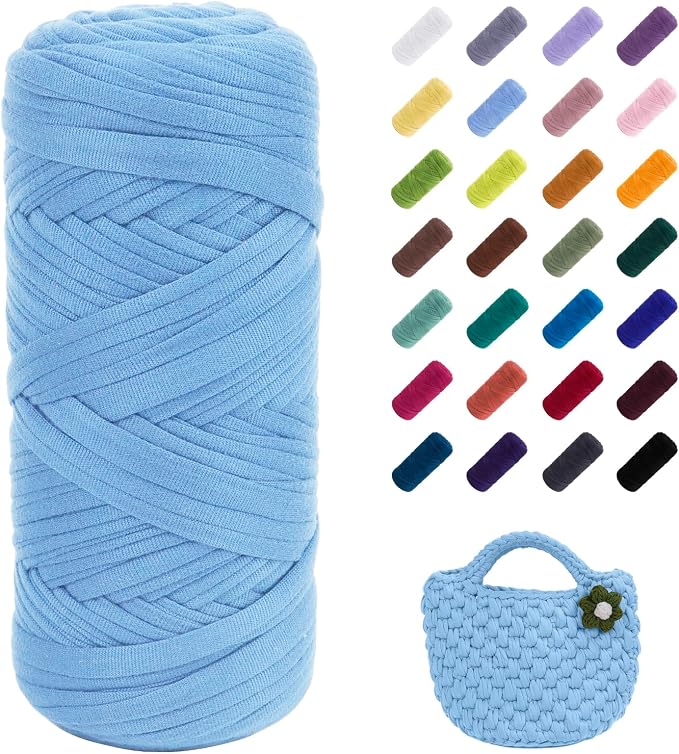JeogYong T-Shirt Yarn, 200g/196ft Elastic Fabric Cloth Knitting T Shirt Yarn, Sky Blue Thick Crochet Fabric Ribbon for Crocheting Bags/Baskets/Rugs, Home Decor, DIY Crafts