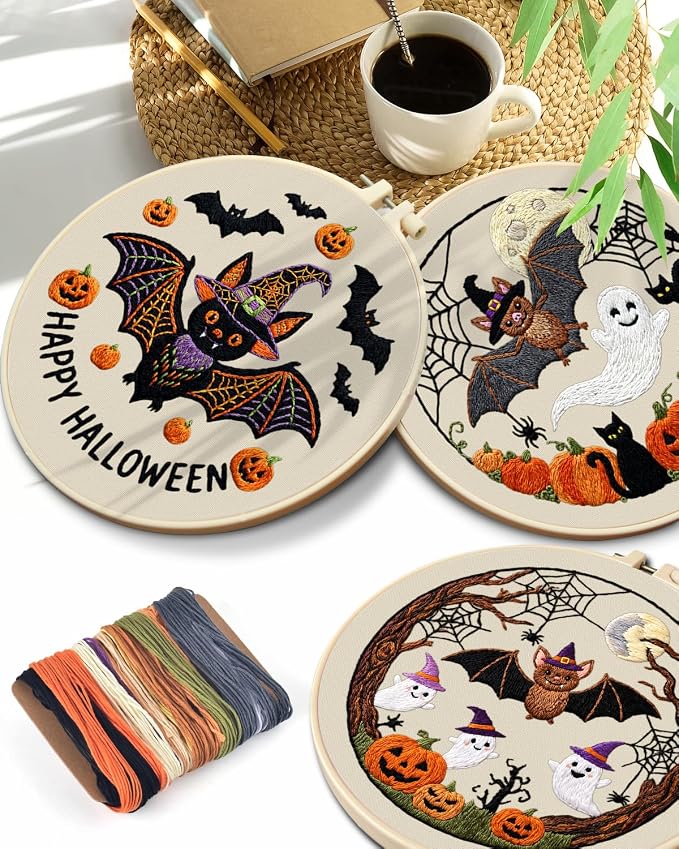 TINDTOP Halloween Embroidery Kit for Adult, 3 Pack Embroidery DIY Starter Kit, with Stamped Patterns, Hoop, Tools, Colorful Threads with Needles, Instructions