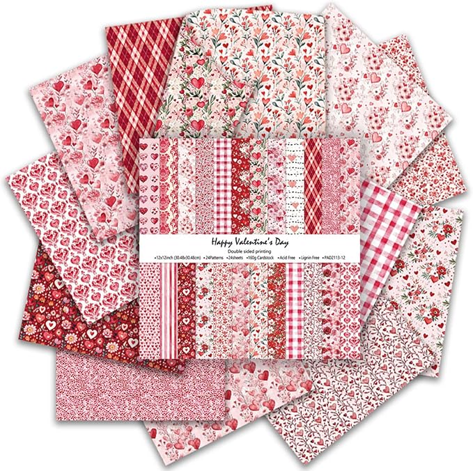 Happy Valentine's Day Scrapbook Paper Pad - 24 Sheets 12x12 in Double-Sided Patterned Decorative Craft Paper for Card Making Journals DIY Crafts Photo Album