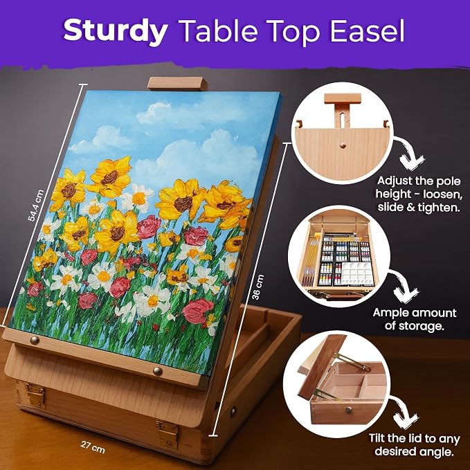 Chalkola 95 Pcs Acrylic Painting Kit for Adults Art - 64 Acrylic Paint Set | Wood Tabletop Easel, Canvas, Art Brushes, Palette, Knife - Professional Canvas Painting Supplies for Artists & Beginners
