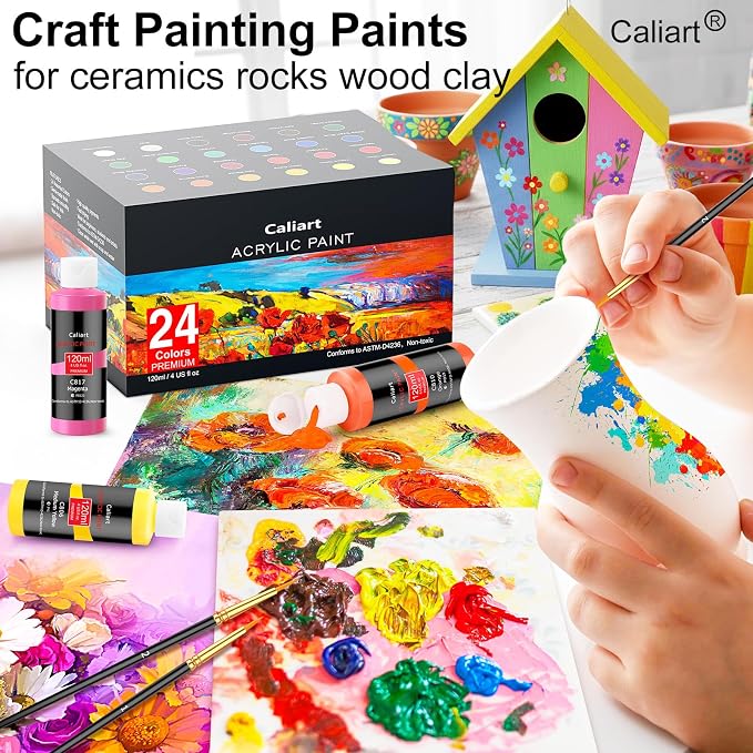 Caliart 24 Colors Acrylic Paint Set Large Bottles 4oz with 12 Brushes | Craft Painting kit for Adults Artists Beginners, Rich Pigment Non-toxic, Canvas Wood Rock Pumpkin Ceramic Art Supplies Paint