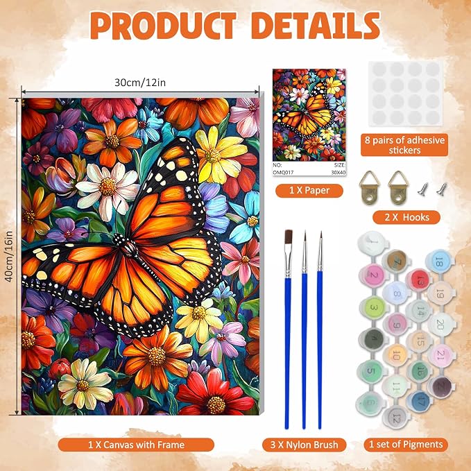 DOMROM Framed Paint by Numbers Kit for Adults Beginners, DIY Butterfly Paint by Number Kit on Canvas, DIY Oil Painting Kits for Home Wall Decor Gift 12x16inch