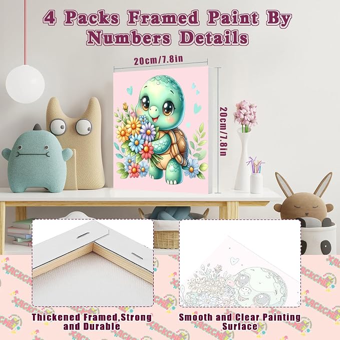 4 Pack Animal Paint by Number for Kids with Wooden Frame - Wooden Easel | Paint by Numbers for Kids Ages 4-8-12, Easy Panda Sea Turtle Owl Cow DIY Oil Painting Kits for Home Wall Decor (8X8 inch)