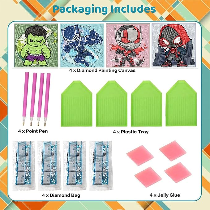 4 Pack Cartoon Diamond Art Kits for Kids, Arts and Crafts for Kids 4-6 | 4 Pack Cartoon Gem Painting Kit, Cute Gem Arts for Kids Ages 4 8 12, DIY Crystal Gem Kits for Gifts 6X6 inch without Frame