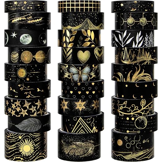 NANYNNU Black Washi Tape Set, 27 Rolls Black Gold Foil Decorative Masking Tape for Bullet Journaling, Scrapbooking Supplies, Watercolor Painting