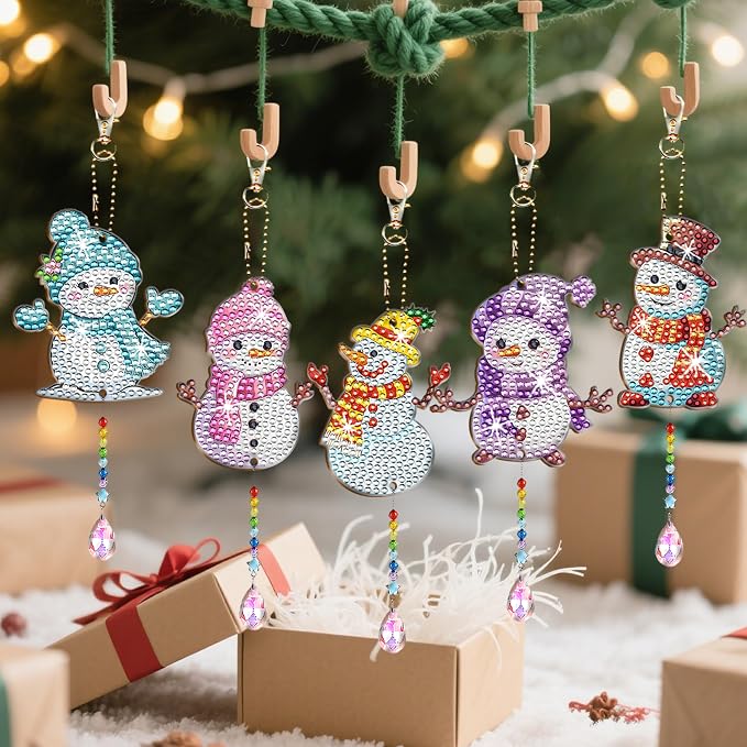 JeCuiK 6 Pcs Diamond Art Christmas Ornaments Snowman Diamond Painting Keychain Kits Double Sided Diamond Art Kits for Adults Xmas Decoration Diamond Painting Wind Chimes DIY