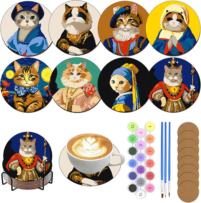 DPARTGMJT 8 Pack Cats Paint by Numbers Kits Coasters with Holder Cork Pads | Cat Paint by Number Kit for Adults Simple Round Oil Painting Coaster for Small DIY Craft Holiday Birthday Gift 3.9x3.9in