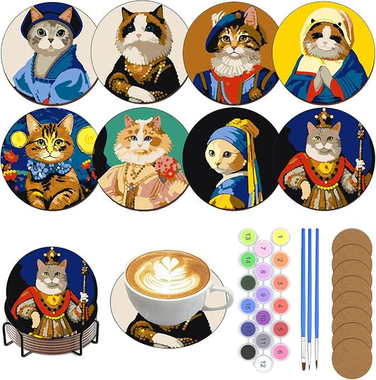 DPARTGMJT 8 Pack Cats Paint by Numbers Kits Coasters with Holder Cork Pads | Cat Paint by Number Kit for Adults Simple Round Oil Painting Coaster for Small DIY Craft Holiday Birthday Gift 3.9x3.9in