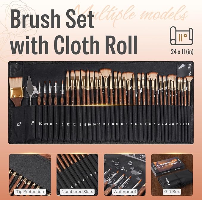 Nicpro 36pcs Paint Brush Set for Acrylic Painting,Oil, Watercolor (Golden) | Professional Paintbrushes for Acrylic Oil Gouache,Includes Palette Knife and Cloth Roll, Art Supplies for Artists & Beginners