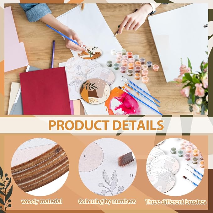 Reallnaive 8 Pcs Boho Paint by Numbers Kit for Adults Wooden Coasters | Mini Paint by Numbers, Tiny Cute Round Oil Painting Drink Coaster with Holder, for Small DIY Craft Birthday Gift