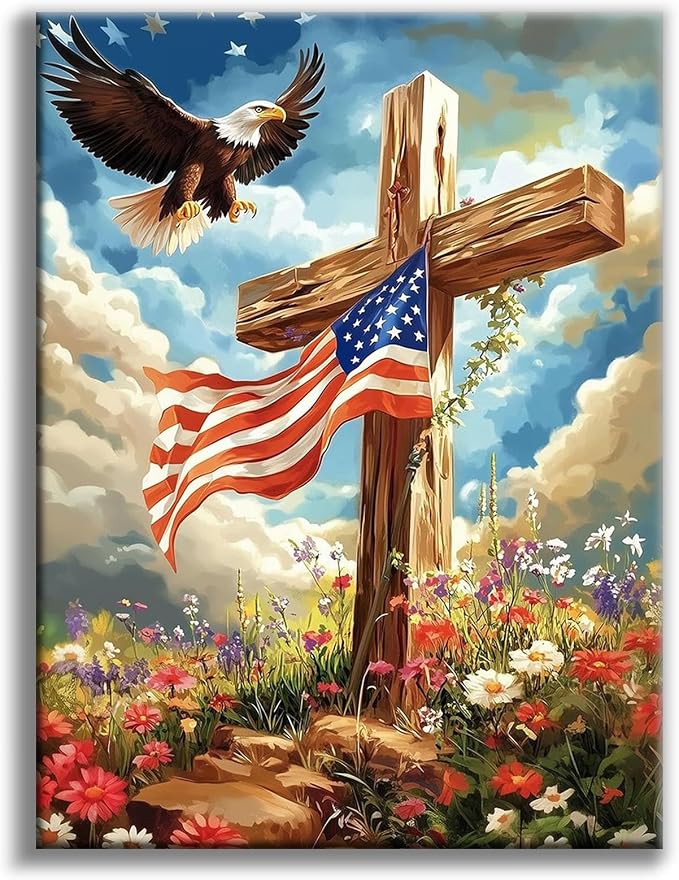 Diamond Art Kits for Adults, Flag Cross DIY Diamond Painting for Beginners | 12x16 Inch, Full Drill Round Dots, Religious Christian 5D Gem Art Craft Kits, Home Decor, Stress Relief Relaxing Hobby Gift