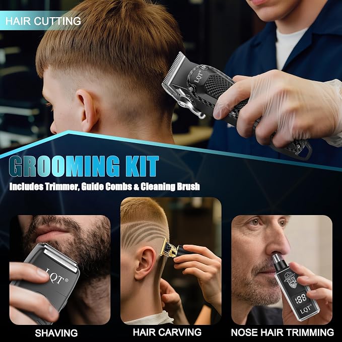 Hair Clippers for Men with LED Power Display, 4-Piece Professional Grooming Kit with Hair Clipper, Detail Trimmer, Foil Shaver & Nose Trimmer, Complete Cordless Set for Home Barber Use (Black)