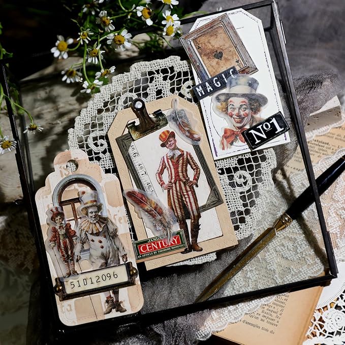 CATaireen Vintage Junk Journal Ephemera Scrapbooking Supplies Translucent Vellum Paper Stickers Card Making Decal Art Aesthetic for Adults (Character Circus)