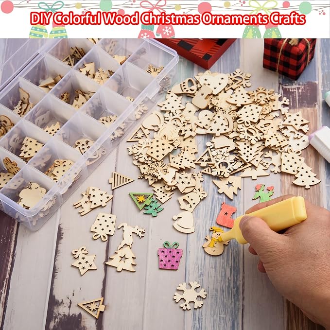 300 Pieces Unfinished Mini Wooden Christmas Ornaments DIY Wooden Christmas Ornaments Mini Blank Wood Slice Cutout Xmas Craft for Holiday Winter Xmas Tree Hanging Decoration DIY Craft,30 Styles