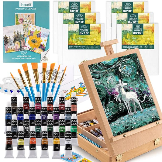 Inburit Art Acrylic Paint Set with Wooden Easel Box for Kids & Adults