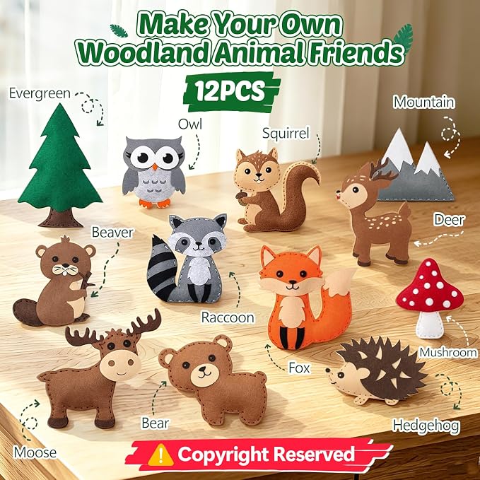 CiyvoLyeen Woodland Animals Craft Kit Kids DIY Crafting and Sewing Set Woodland Animals Felt Plushie for Girls and Boys Educational Beginners Sewing Set Sewing Kits for Kids Age 8 9 10 11 12