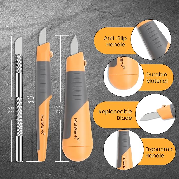 MulWark 41-Piece Precision Hobby Knife Set - Exacto Knife Set For Modeling - Craft Knife Handle Customized With Chiseling, Stencil Edge And Fine Point Blades With Sharpening Stone And Steel Ruler