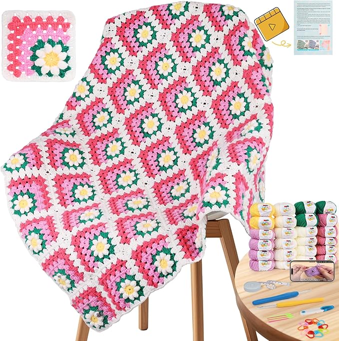 Coopay Crochet Kit for Beginners, Easy 3D Granny Square Blanket Kit, Pink | Crochet Kit W/Video Tutorial & Digital Instructions, All Accessories Included, Easy Knitting to Create Granny Square Blanket