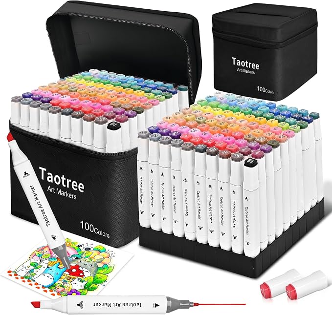 Taotree Alcohol Markers 100 Colors & Case & Holders, Dual Tips Art Markers | Coloring Pens Set, Chisel & Fine Art Supplies for Adult Coloring Books, Artist Sketch Pens Drawing Set, Painting, Sketching