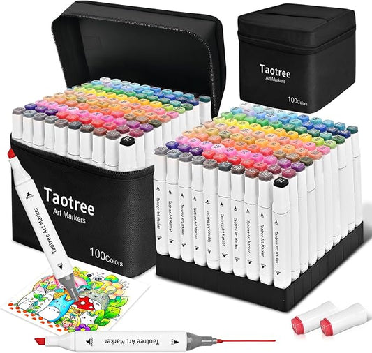 Taotree Alcohol Markers 100 Colors & Case & Holders, Dual Tips Art Markers | Coloring Pens Set, Chisel & Fine Art Supplies for Adult Coloring Books, Artist Sketch Pens Drawing Set, Painting, Sketching