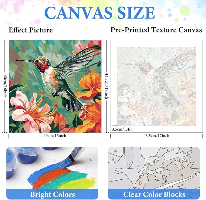 PRASIO Paint by Numbers Kit for Adults Beginner, Hummingbird Adult Paint by Number Kits on Canvas, DIY Acrylic Watercolor Oil Paint by Number for Adults for Home Decor Gift 16x16 Inch