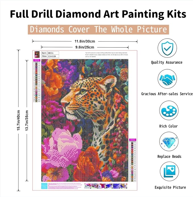 PINFFSHU 5D Diamond Art Kit for Adults & Beginners - Leopard amidst Colorful Flowers - Full Drill Animal Gem Painting, DIY Diamond Painting Craft for Home Wall Decor & Gifts, 12x16 inch (30x40cm)