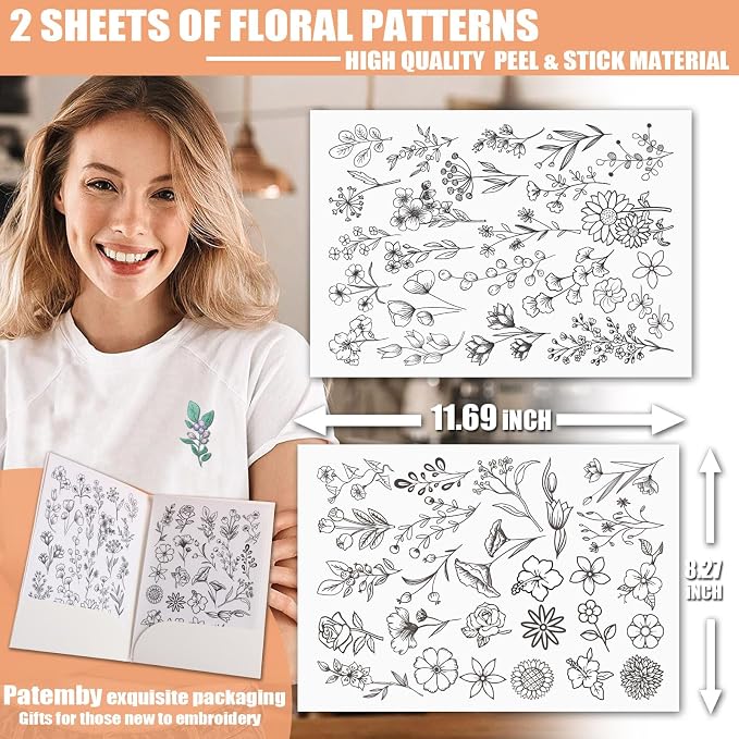 Patemby 50Pcs Embroidery Pattern Water Soluble Embroidery Stabilizers, Stick and Stitch Embroidery Paper Wash Away with Pre-Printed Pattern Designs Stencils Transfers for Hand Sewing Lover Beginner