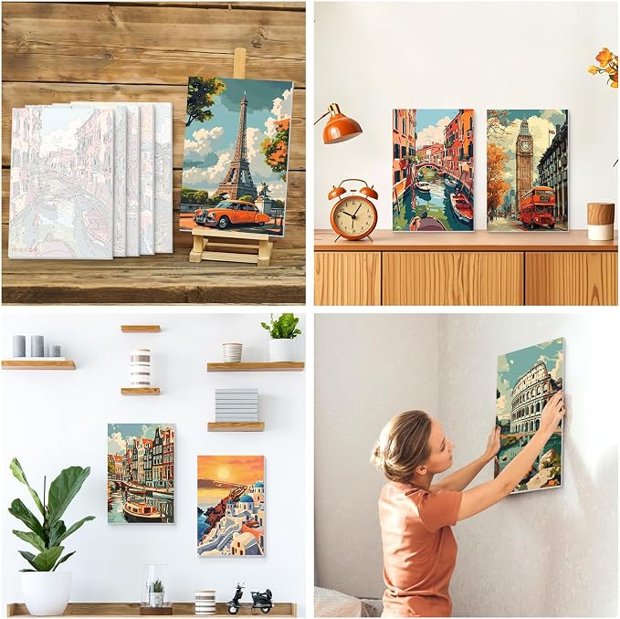 KEYIFA 6 Pack Paint by Numbers Kit, Stretched Canvas Boards for Painting for Adults, No Crease Acrylic Oil Painting for Students Beginners Favor Sip & Paint Party Supplies, Vintage Cityscape (8x12)