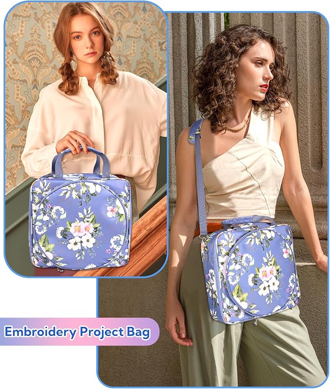 Telawsfun Embroidery Project Bag Organizer, Embroidery Supply Storage Bag with Removable Binder, Portable Carrying Tote for Thread Tools and Accessoriess, Bag Only (Flower)