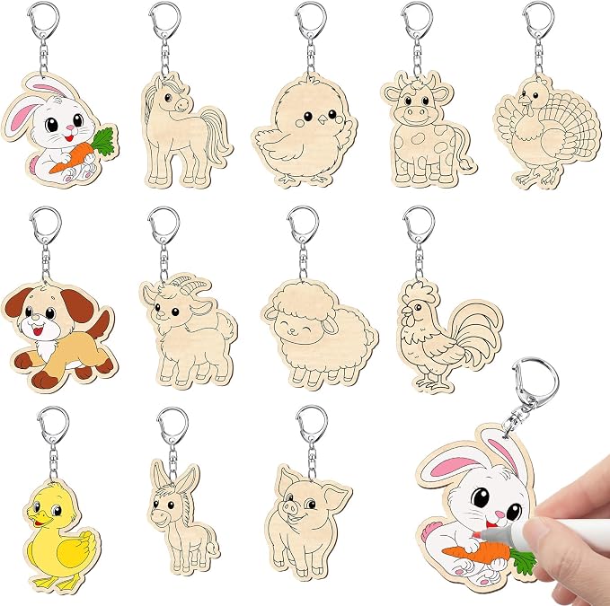 Trnayi 36 Pcs Farm Animal Unfinished Wood Keychain DIY Craft | Farm Animal Wooden Keychain, Color Your Own Unfinished Craft, Blank Wood Painting DIY Craft, for Home Activity Art Project