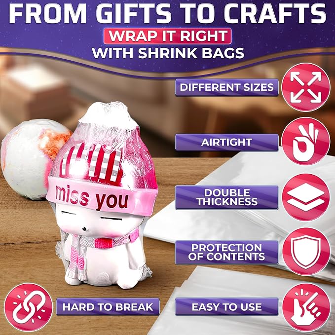 200 Pcs Heat Shrink Wrap Bags, 3 Sizes, Clear PVC for Gift Wrapping | Heat Seal Bags; Heavy-Duty; 3.93x5.90 (120) 7.67x9.64 (50) 9.64x11.61 (30) In; for Soap, Candles, Bath Bombs, & DIY Packaging