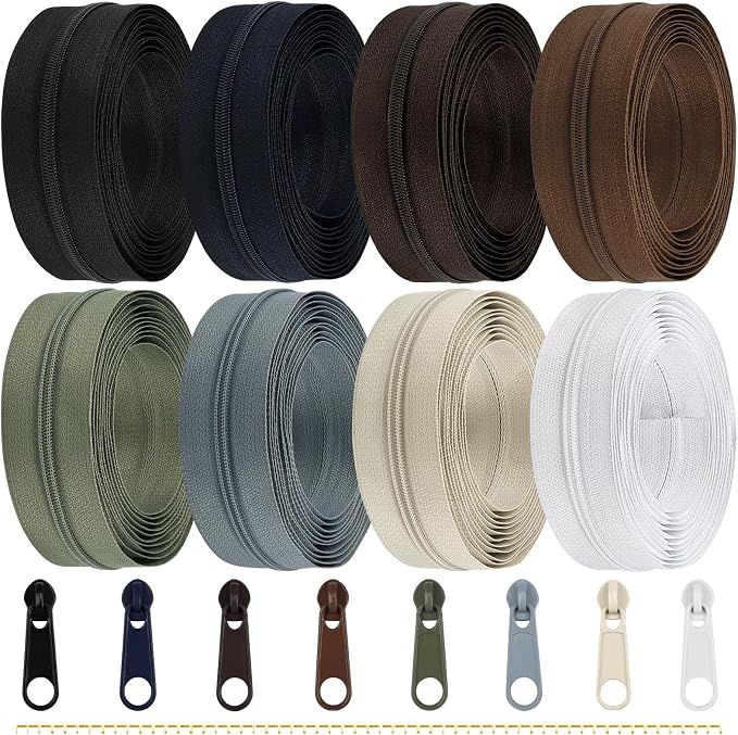 DOITEM 24 Yards 8 Pieces Sewing Zippers #3 Nylon Coil Zippers Assorted Zipper for Sewing with 32 Zipper Sliders for DIY Tailor Sewing Crafts Supplies, 8 Color