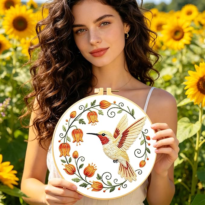 BEUNITONE 6 Set Embroidery Kit for Beginner Adults, Hummingbird & Flower Cross Stitch Set with Stamped Pattern Hoops Threads Cloth Needles, Embroidery Starter Kit for Home Decoration and Gifting