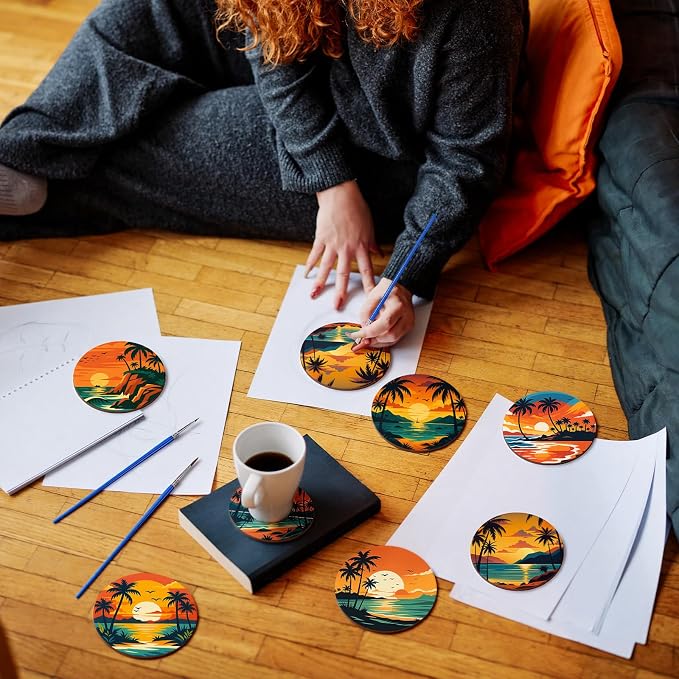 Reallnaive 8 Pcs Beach Paint by Numbers Kit for Adults Coastal Coasters | Mini Paint by Numbers, Tiny Palm Trees Sunset Round Oil Painting Drink Coaster with Holder, for Small DIY Craft Birthday Gift