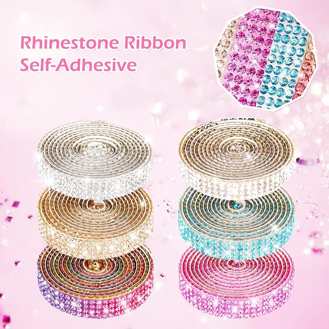 NiArt Self Adhesive Crystal Rhinestone Diamond Ribbon 6 Rolls, 0.9cm Wide Total 6 Yards Multi-Functional DIY Decorative Bling Gemstone Arts Crafts Sticker Tapes Glitter Shoes Clothes (Assorted Colors)