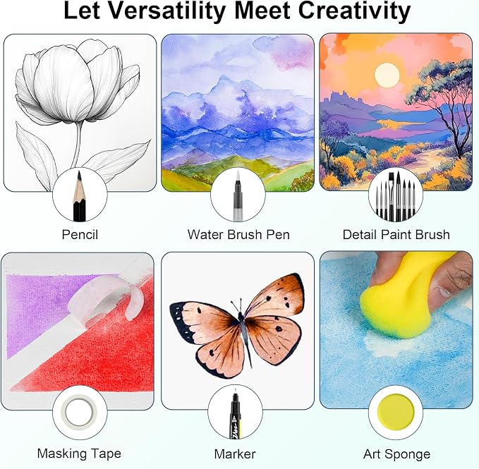 Smallbudi All in One Watercolor Paint Set 168 Colors with Portable Box | Travel Watercolor Kit for Adults with Carrying Case, Paper, Paint Brushes, Palette & Accessories for Beginner & Professional