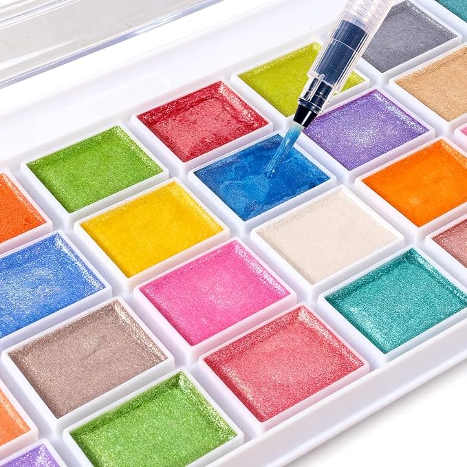 28 Metallic Colors Washable Watercolor Paint Set, with 3 Brushes Pen | watercolor palette, Non-toxic Water Color Paints Sets for Kids, Adults Artists Students Beginner,Travel Watercolor Set