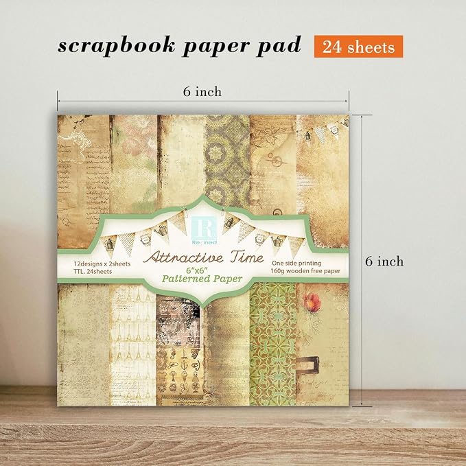 Vintage Aesthetics Scrapbooking Paper Pad - 24 Sheets 6'' x 6'' Patterns Designed Old Memories Material for Junk Journals Decoupage Diary Supplies DIY Crafts Gift Folded Wrapping
