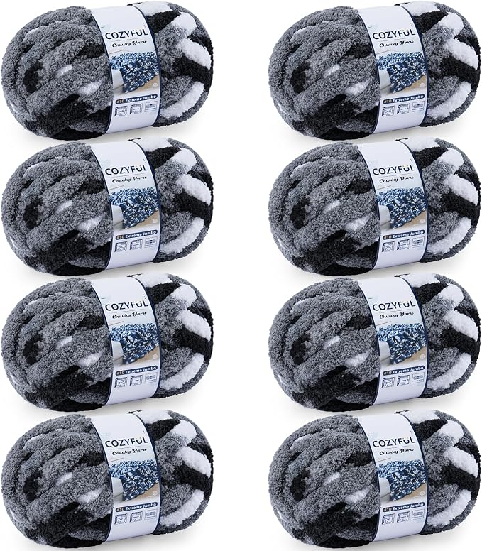 Cozyful Chunky Yarn for Hand Knitting - #10 Chunky Chenille Blanket Yarn, Jumbo Big Thick Chunky Yarns for Crocheting, Tie Dye Bulky Knit Yarns, 8 Skein (20 yds 8 oz Each Skein), Black & Grey & White